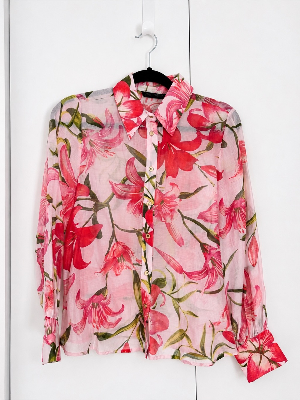 Zara Pink Floral Lyocell Button Down Shirt Blouse XS